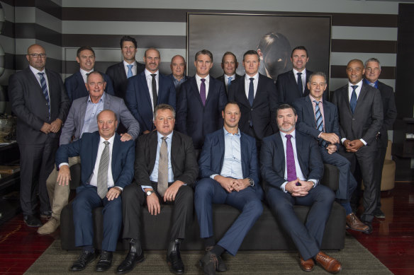 Class of 1999:  (back l-r) Ben Spindler, Scott Staniforth, John Eales, David Wilson, David Pembroke, Tim Horan, Rod Moore, Matt Burke, Joe Roff, George Gregan, Rod Macqueen. (Front l-r) Steve Nance, Greg Craig, Andrew Blades, Matt Cockbain, Daniel Herbert, John Best. 