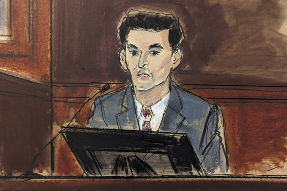 In this courtroom sketch, FTX founder Sam Bankman-Fried is questioned during his trial in Manhattan federal court.