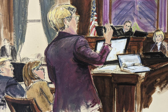 In this courtroom sketch, Jane Carroll, right, is questioned by her attorney, Roberta Kaplan