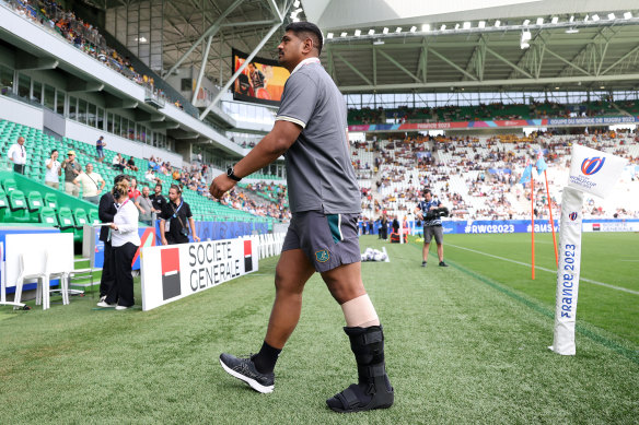 Will Skelton walks in a moonboot ahead of Australia’s loss to Fiji in Saint-Eteinne. 