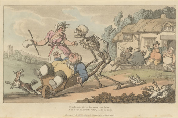 Grotesque caricatures for whom Death shows scant respect: The Sot from Thomas Rowlandson’s satirical series The English Dance of Death.