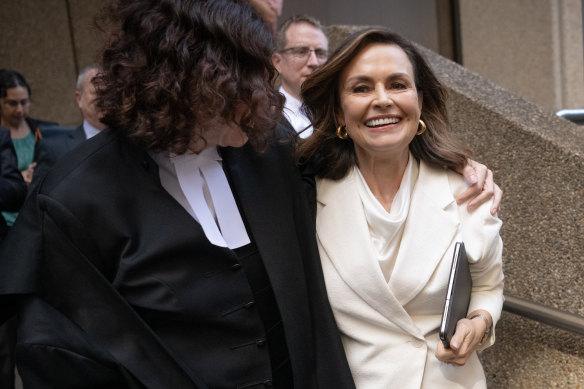 Lisa Wilkinson departs the Federal Court in Sydney with her barrister, Sue Chrysanthou, SC.