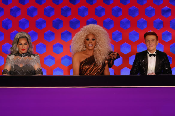 RuPaul’s Drag Race Down Under judges Michelle Visage, RuPaul and Rhys Nicholson.