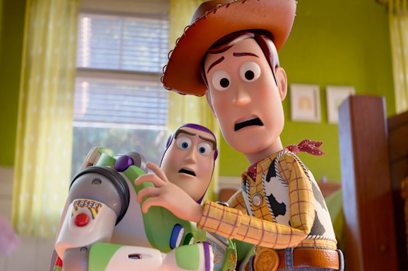 Buzz Lightyear (voiced by Tim Allen) and Woody (voiced by Tom Hanks) in Toy Story 5. 