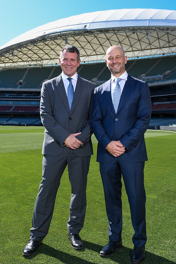 Greenberg (right) with Cricket Australia chair and former NSW Premier Mike Baird.