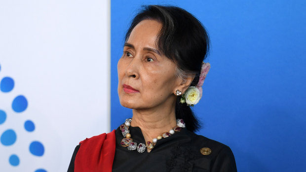 Myanmar State Counsellor Aung San Suu Kyi listens to an address as she attends the New Colombo Plan Reception during the ASEAN-Australia Special Summit, in Sydney, on Saturday.