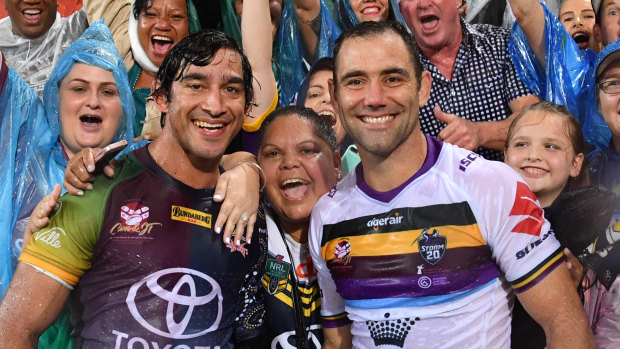 Record-makers: Johnathan Thurston and Cameron Smith at February's testimonial match between the Storm and the Cowboys.