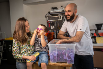 Piers Mossuto (right) lost his job in education management in September and joined his wife Kayla in their reusable coffee pod business, Crema Joe. This has meant better work-family balance for the couple, who are parents to Ned, 4.