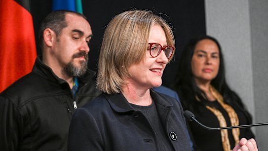 Premier Jacinta Allan details her government’s treaty agreement with Victoria’s First Peoples’ Assembly co-chairs Rueben Berg (left) and Ngarra Murray.