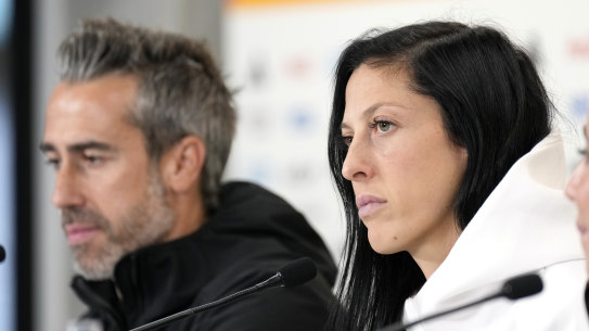 Jennifer Hermoso (right) and sacked head coach Jorge Vilda at Eden Park before Spain’s World Cup semi-final.