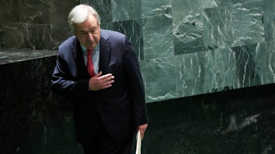 United Nations Secretary-General Antonio Guterres acknowledges the audience applause after addressing the 78th session of the UN General Assembly on Tuesday.
