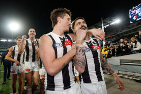 Brody Mihocek and Oleg Markov after Collingwood’s win over the Blues.