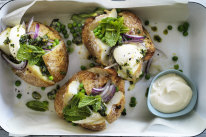 Jill Dupleix's baked potatoes with peas and rough pesto.