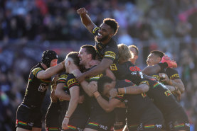 Somewhere underneath all his teammates is Panthers match-winner Nathan Cleary.