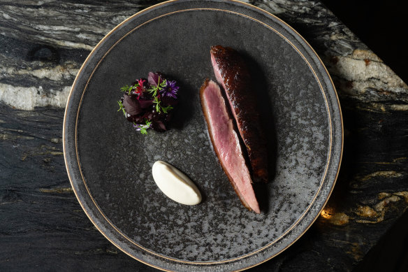 Maremma duck, purple carrot, blackberry, madeira and macadamia.