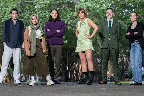 Young Gen Z candidates running for local council. (Left to right) James Ardouin, Nabilah Chowdhury, Harrison Chudleigh, Bonnie Harvey, Ethan Hrnjak, and Bea McDonald.