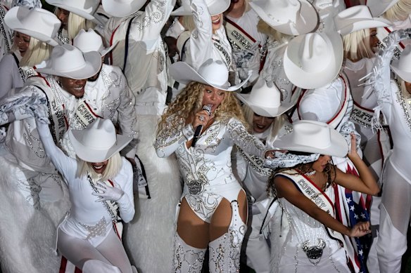 Beyoncé performs during halftime of an NFL football game between the Houston Texans and the Baltimore Ravens in Houston.