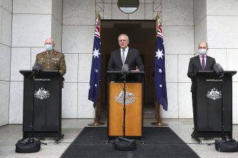 COVID-19 Taskforce Commander, Lieutenant General John Frewen, Prime Minister Scott Morrison and Chief Medical Officer Professor Paul Kelly on Wednesday afternoon.