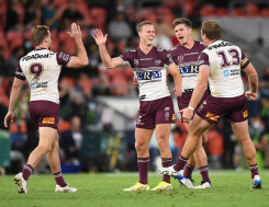 Daly Cherry-Evans lands the match-winning field goal for Manly on Friday night. 