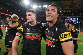 Nathan Cleary and Jarome Luai embrace after the Panthers’ victory in the 2021 NRL grand final at Suncorp Stadium.