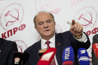 The old guard: Russian Communist Party leader Gennady Zyuganov gestures while speaking at a news conference during the Parliamentary elections in Moscow, Russia.