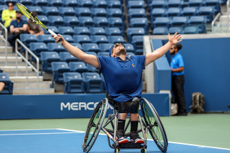 Dylan Alcott celebrates winning championship point against Niels Vink of the Netherlands in their US Open wheelchair quad singles final match last year to complete the grand slam. 