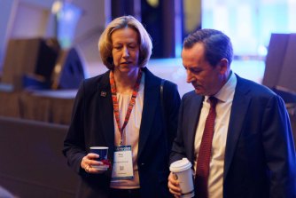 Woodside CEO Meg O’Neal with WA Premier Mark McGowan at the APPEA conference in Perth, June 15, 2021. 