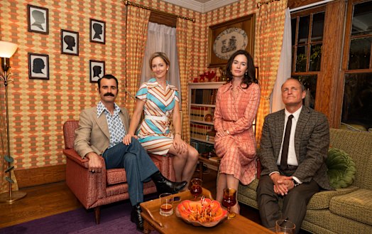 Justin Theroux as G. Gordon Liddy, Judy Greer as his wife Frances, Lena Headey as Dorothy Hunt and Woody Harrelson as E. Howard Hunt in  White House Plumbers.