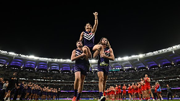 Wests Coast’s Nat Fyfe salutes the crowd after his final AFL game.