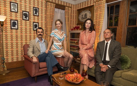 Justin Theroux as G. Gordon Liddy, Judy Greer as his wife Frances, Lena Headey as Dorothy Hunt and Woody Harrelson as E. Howard Hunt in  White House Plumbers.