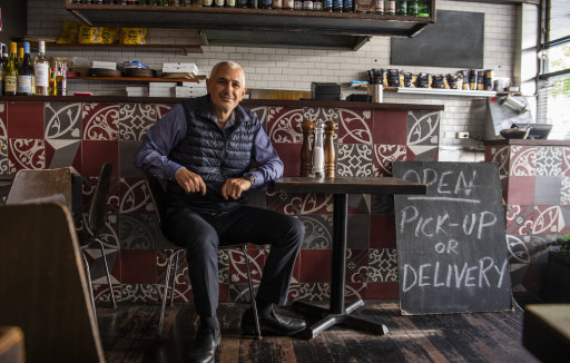 Peter Poulos in his restaurant, Christo’s Pizzeria, which is back open for takeaways.