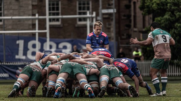 Manly and Hunter pack down for a scrum in round four. 