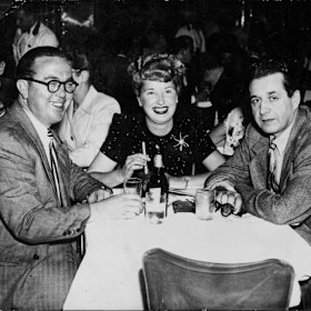 Entrepreneur Harry Wren, his wife, and American producer David Gould on December 12, 1956 