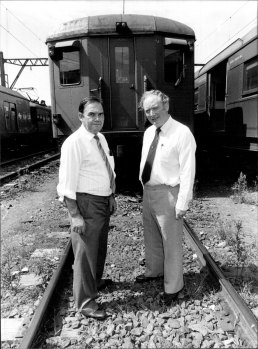Secretary of NSW Branch of ARU Jim Walshe (right) and Harold Dwyer lobbying for an inquiry into a rail crash. March 3, 1983. 