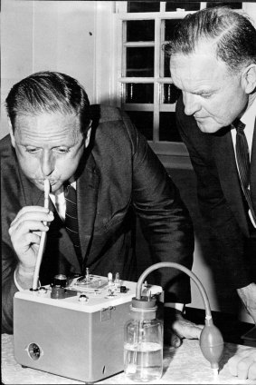  Milton Morris (left) and Insp A. Douglas test a breathalyser at a road safety meeting in 1968. 