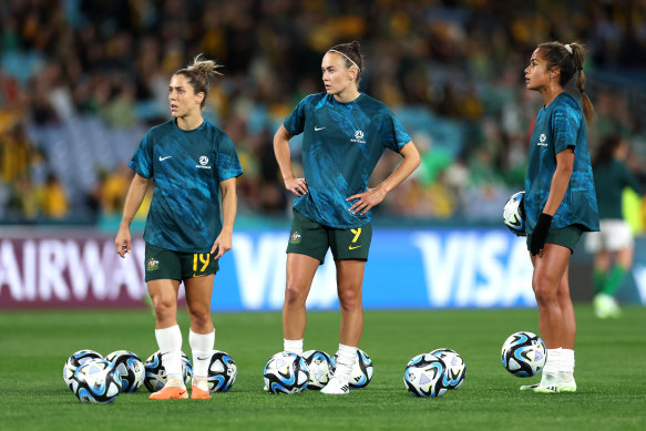 Matildas Katrina Gorry, Caitlin Foord and Mary Fowler. Gorry’s West Ham and  Fowler’s Manchester City will be in Perth for the tournament.