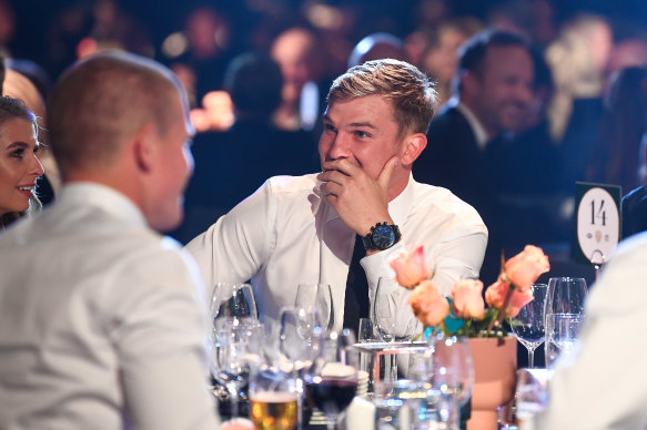 Ollie Wines listens to the votes during the Brownlow Medal count.