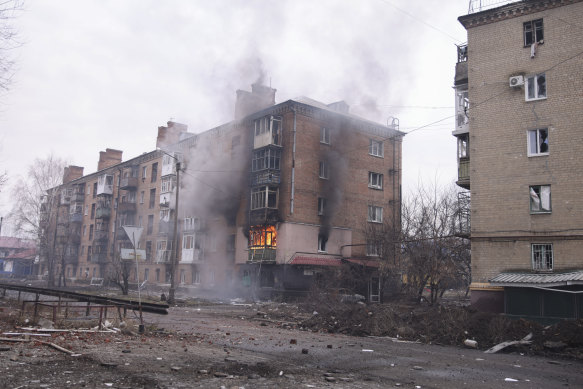 Destroyed buildings in the town of Bakhmut, Ukraine, in late February 2023.