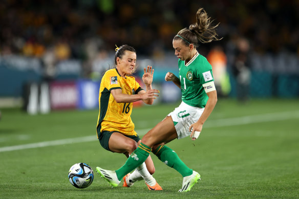 Hayley Raso of Australia and Katie McCabe of Republic of Ireland compete for the ball.
