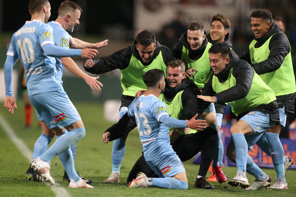 Marco Tilio celebrates his goal in Melbourne City’s 2-0 win over Macarthur, which put them through to the A-League grand final.