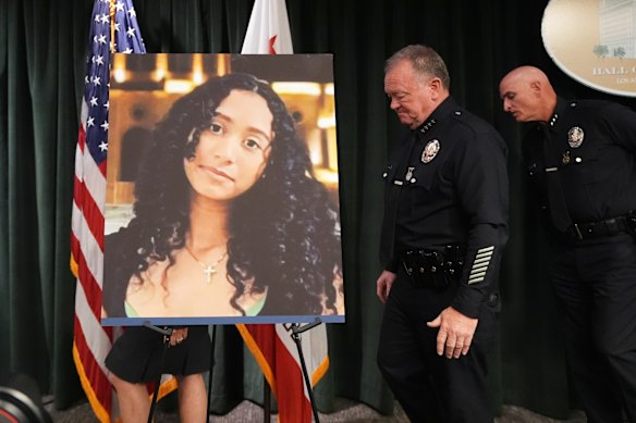 Los Angeles police with a photo of Celeste at a press conference this month.