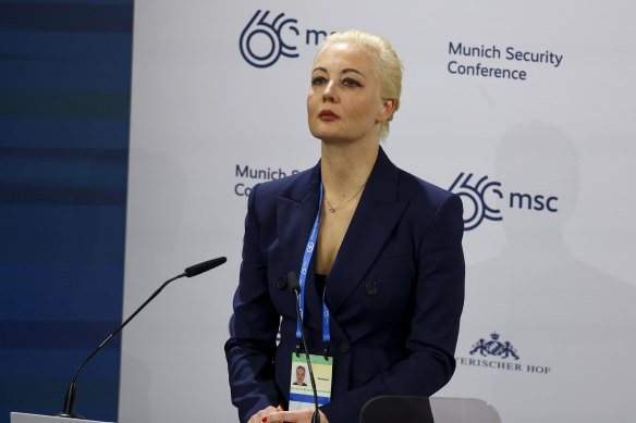 Yulia Navalnaya, wife of Russian opposition leader Alexei Navalny, speaks during the Munich Security Conference.