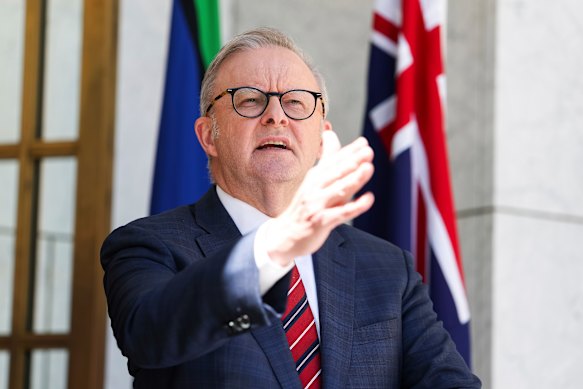 Prime Minister Anthony Albanese at a press conference at Parliament House on Monday.