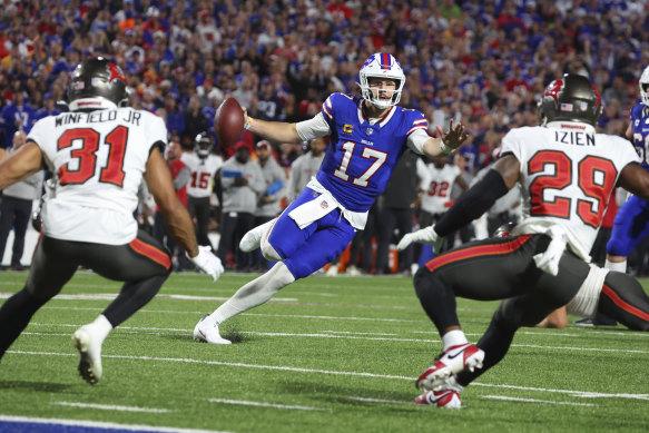 Buffalo Bills quarterback Josh Allen (17) scrambles in front of Tampa Bay Buccaneers on the way to a touchdown in Orchard Park, New York, last week.