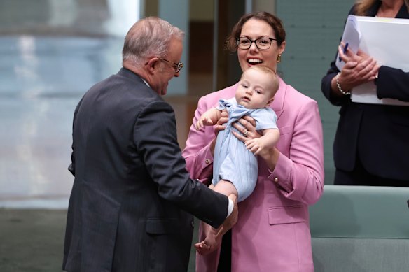 Member for Canberra, Alicia Payne, with her baby Joseph shortly before question time began.
