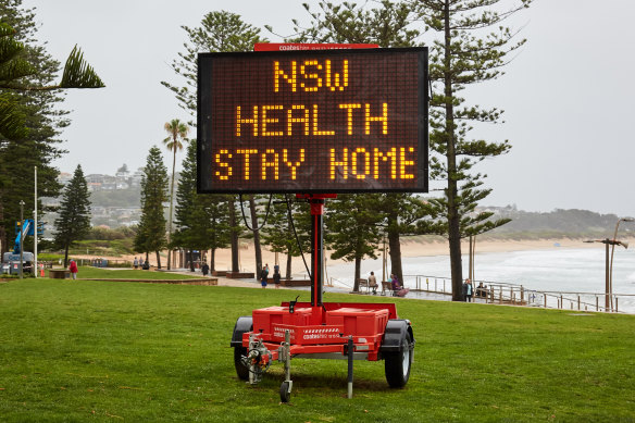 A digital sign at the Dee Why beachfront last December during Sydney’s northern beaches lockdown.