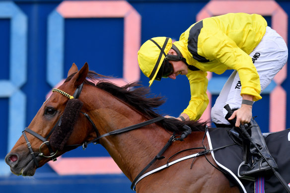 Jockey Tom Marquand rides Addeybb to victory in the Ranvet Stakes last month.