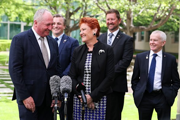 Barnaby Joyce, One Nation leader Pauline Hanson and the party’s senators Sean Bell, Tyron Whitten and Malcolm Roberts.