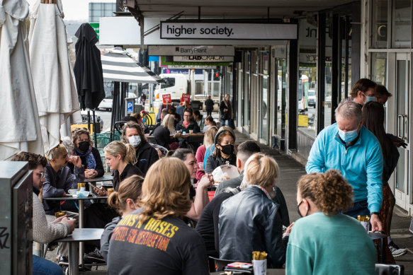 People enjoy outdoor dining along Sturt Street in Ballarat on Friday.