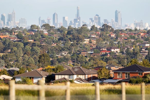 A view of the CBD skyline from Mickleham Road in Greenvale: Melbourne’s urban growth boundary has been extended several times. 
